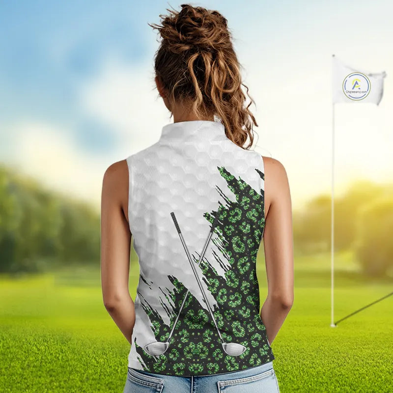 Green glitter Leopard skin pattern custom name white sleeveless polo shirts, team ladies golf tops NQS11527