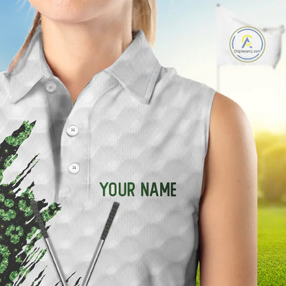 Green glitter Leopard skin pattern custom name white sleeveless polo shirts, team ladies golf tops NQS11527