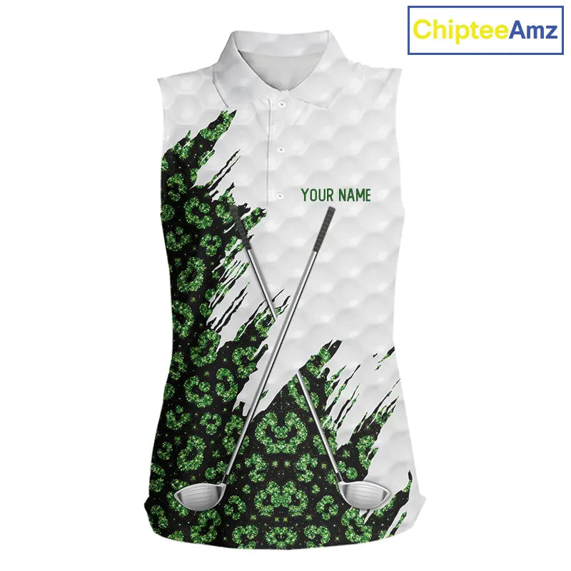 Green glitter Leopard skin pattern custom name white sleeveless polo shirts, team ladies golf tops NQS11527