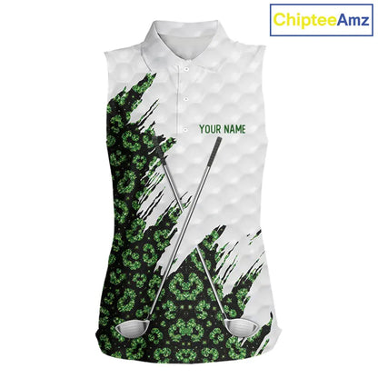 Green glitter Leopard skin pattern custom name white sleeveless polo shirts, team ladies golf tops NQS11527