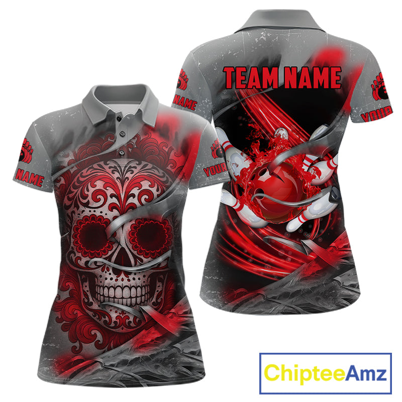Red Sugar Skull Tattoo Custom Women Bowling Polo, Quarter Zip Shirts,Team Bowling Jerseys NQS11528