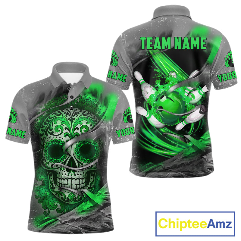 Green Sugar Skull Tattoo Custom Mens Bowling Polo, Quarter Zip Shirts,Team Bowling Jerseys NQS11529
