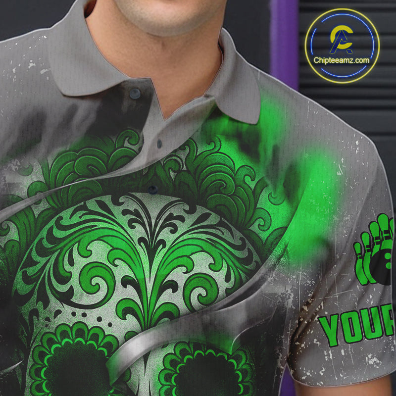 Green Sugar Skull Tattoo Custom Mens Bowling Polo, Quarter Zip Shirts,Team Bowling Jerseys NQS11529