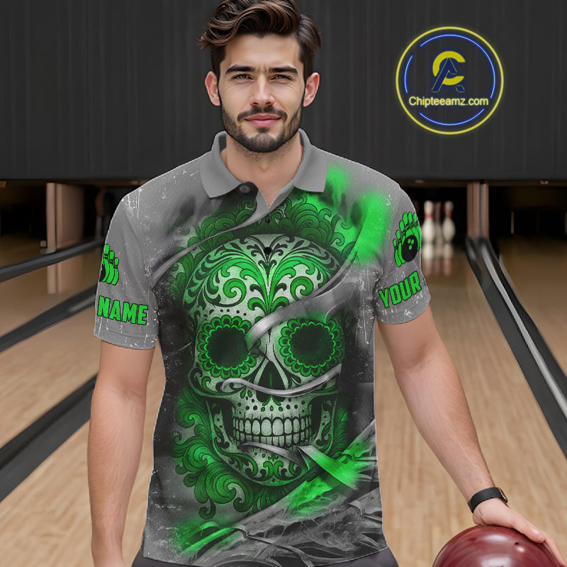 Green Sugar Skull Tattoo Custom Mens Bowling Polo, Quarter Zip Shirts,Team Bowling Jerseys NQS11529
