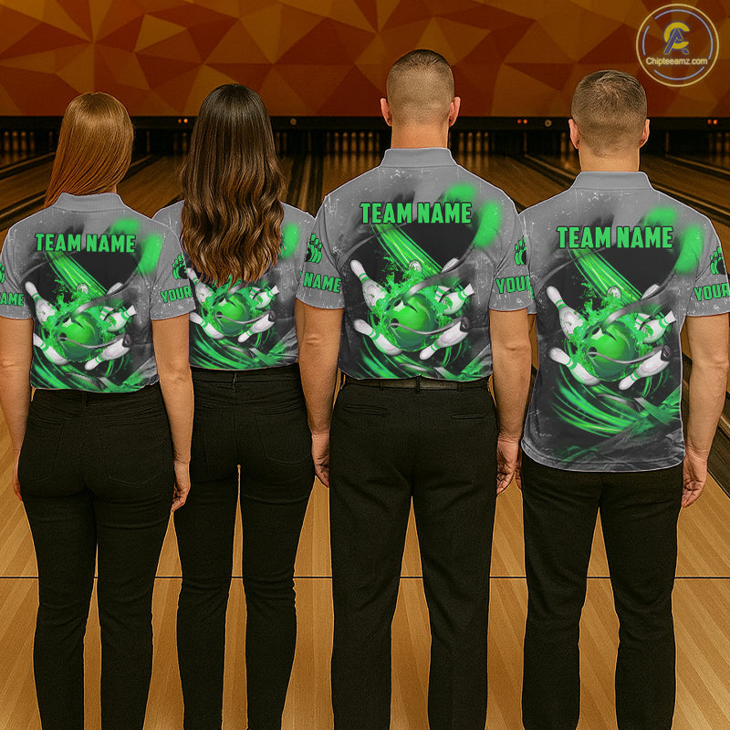 Green Sugar Skull Tattoo Custom Mens Bowling Polo, Quarter Zip Shirts,Team Bowling Jerseys NQS11529