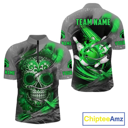 Green Sugar Skull Tattoo Custom Mens Bowling Polo, Quarter Zip Shirts,Team Bowling Jerseys NQS11529