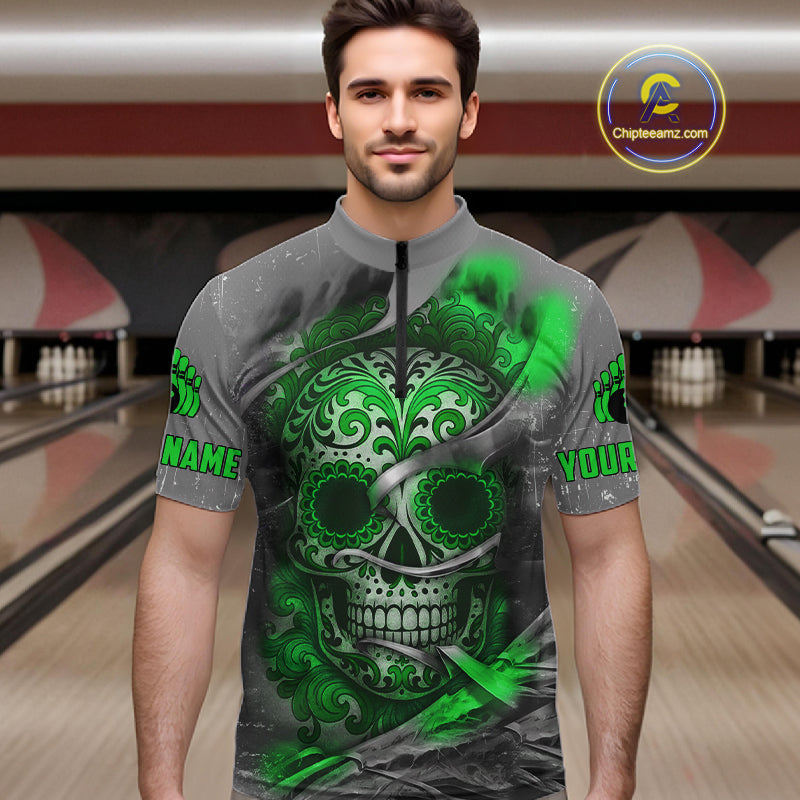 Green Sugar Skull Tattoo Custom Mens Bowling Polo, Quarter Zip Shirts,Team Bowling Jerseys NQS11529