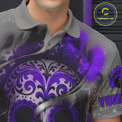 Purple Sugar Skull Tattoo Custom Mens Bowling Polo, Quarter Zip Shirts,Team Bowling Jerseys NQS11530