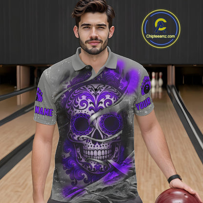 Purple Sugar Skull Tattoo Custom Mens Bowling Polo, Quarter Zip Shirts,Team Bowling Jerseys NQS11530