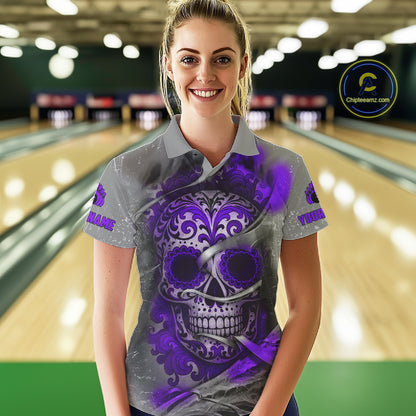 Purple Sugar Skull Tattoo Custom Women Bowling Polo, Quarter Zip Shirts,Team Bowling Jerseys NQS11530