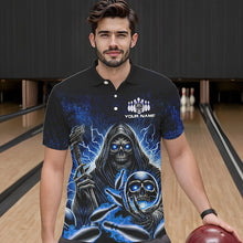 Load image into Gallery viewer, Personalized Skull Bowling Shirt For Men Custom Team Name Lightning Thunder Bowler Jerseys | Blue NQS9747