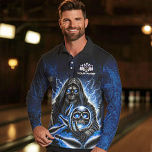 Load image into Gallery viewer, Personalized Skull Bowling Shirt For Men Custom Team Name Lightning Thunder Bowler Jerseys | Blue NQS9747