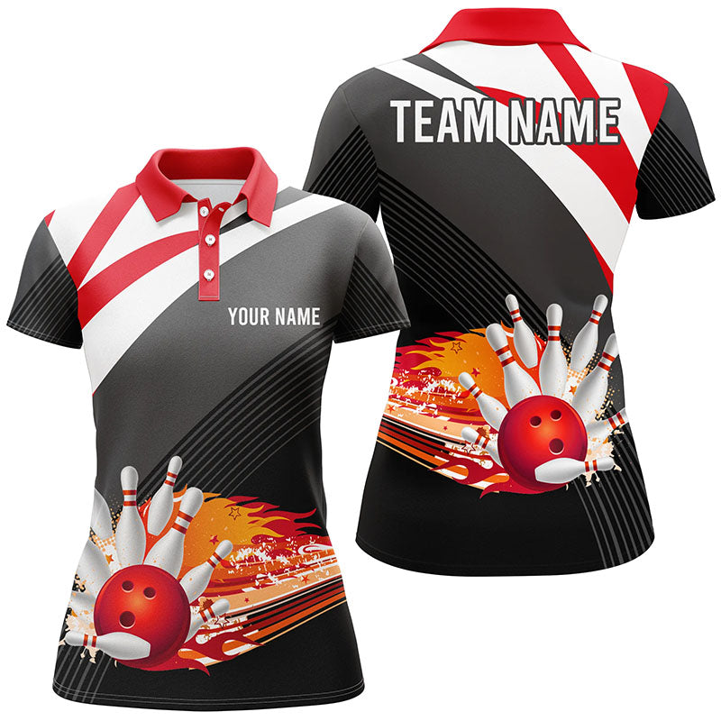 Black and red Women's Polo Bowling Shirt Custom flame bowling ball fir ...