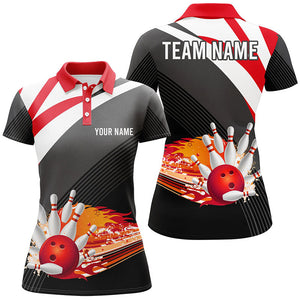 Black and red Women's Polo Bowling Shirt Custom flame bowling ball fire Team Ladies Bowlers Jerseys NQS7524