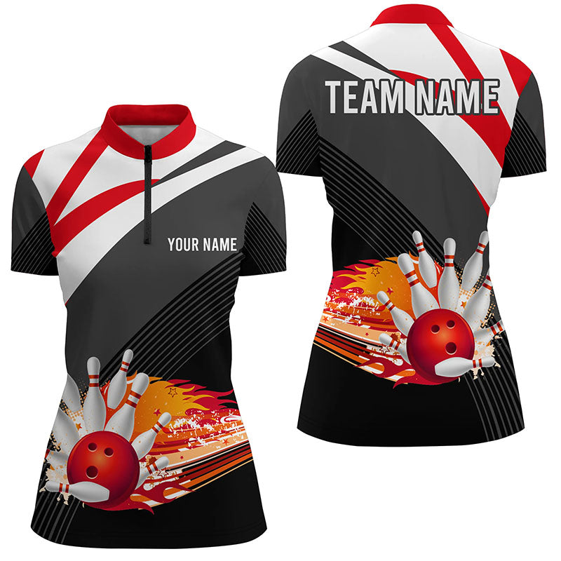 Black and red Women's Bowling Shirt Quarter-Zip Custom flame bowling ball fire Ladies Bowlers Jerseys NQS7524