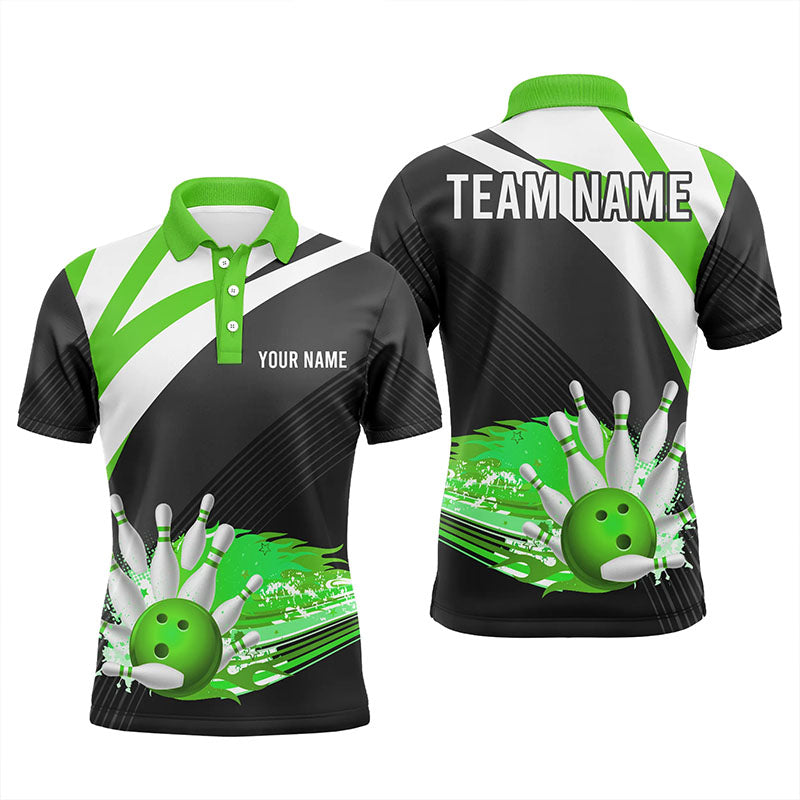 Black and Green Men bowling polo Shirt Custom flame bowling ball fire Team Bowler Jersey NQS7525