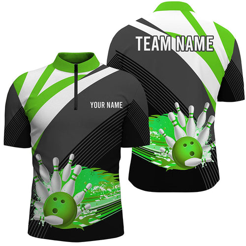 Black and Green Mens Bowling Shirt Quarter-Zip Custom flame bowling ball fire Team Mens Bowler Jerseys NQS7525