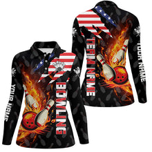 Load image into Gallery viewer, American Flag Bowling Shirt for Women Custom Flame Bowling Polo shirt, Team Bowling Jerseys NQS7526