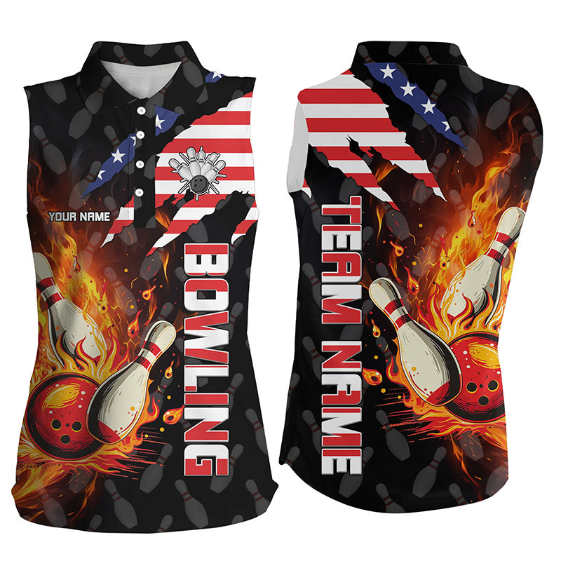American Flag Bowling Shirt for Women Custom Flame Bowling Sleeveless Polo shirt, Team Bowling Jerseys NQS7526