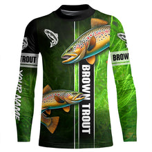 Load image into Gallery viewer, Brown trout fishing green camo Custom Long Sleeve Fishing Shirts, fishing gifts for men, women, kid NQS5808