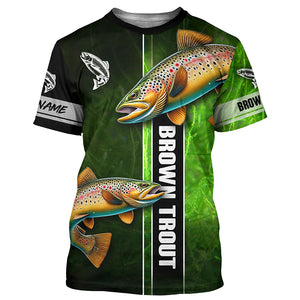 Brown trout fishing green camo Custom Long Sleeve Fishing Shirts, fishing gifts for men, women, kid NQS5808