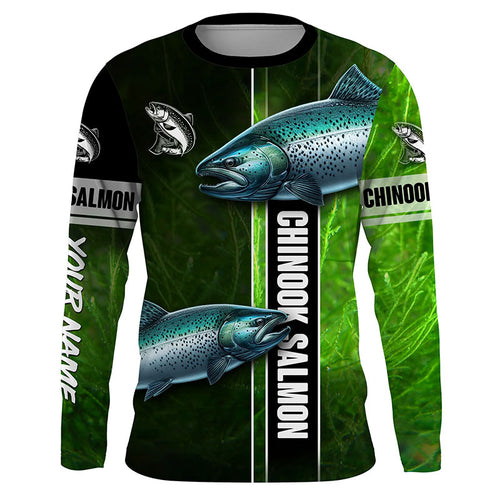 Chinook salmon fishing green camo Custom Long Sleeve Fishing Shirts, fishing gifts for men, women, kid NQS5809