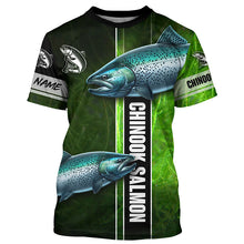 Load image into Gallery viewer, Chinook salmon fishing green camo Custom Long Sleeve Fishing Shirts, fishing gifts for men, women, kid NQS5809