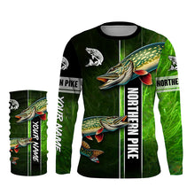 Load image into Gallery viewer, Northern Pike fishing green camo Custom Long Sleeve Fishing Shirts, fishing gifts for men, women, kid NQS5810