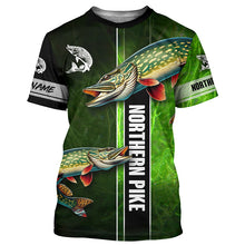 Load image into Gallery viewer, Northern Pike fishing green camo Custom Long Sleeve Fishing Shirts, fishing gifts for men, women, kid NQS5810