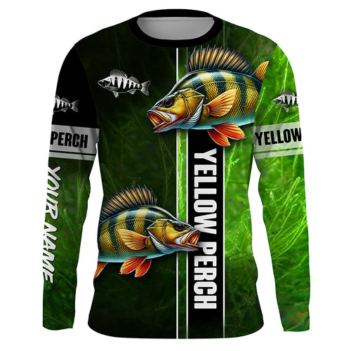 Yellow Perch fishing green camo Custom Long Sleeve Fishing Shirts, fishing gifts for men, women, kid NQS5812