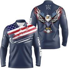 Load image into Gallery viewer, American Flag Eagle Mens golf polo shirts custom patriotic team golf shirts, golfer gifts | Navy NQS7905