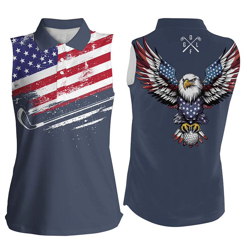 American Flag Eagle Women sleeveless golf polo shirt patriotic golf shirts, golfer gifts | Navy NQS7905