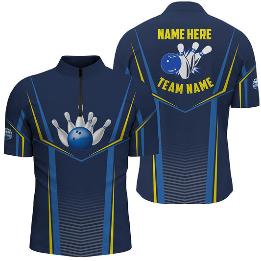 Bowling Quarter Zip shirts for men custom name bowling ball pins, Bowling Team League Shirt | Blue NQS6210