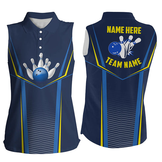 Bowling sleeveless polo shirts for women custom bowling ball pins, Bowling Team League Shirt | Blue NQS6210
