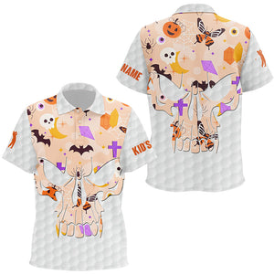 Kid golf polos shirt orange Halloween pattern custom skull golf ball shirt for kid, children golf wear NQS8543