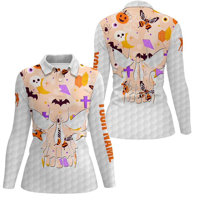 Women golf polo shirts orange Halloween pattern custom skull golf ball shirt, best ladies golf wear NQS8543