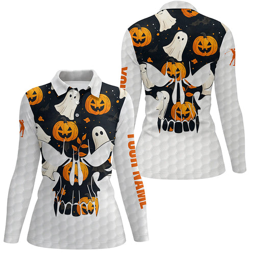 Women golf polo shirt Halloween pumpkin pattern custom skull golf ball jerseys, ladies golf tops NQS8544