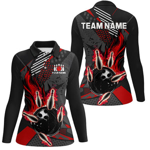 Black and red Women bowling shirts Custom flame Bowling Team League Jerseys, ladies bowling outfits NQS8549