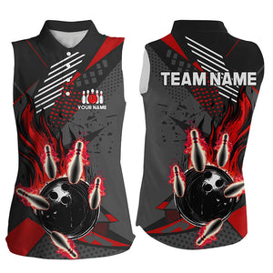 Black & red Women sleeveless polo shirt Custom flame Bowling Team League Jersey, ladies bowling outfit NQS8549