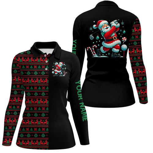 Christmas pattern black Womens golf polo shirt custom Funny Santa golfer golf attire for ladies NQS8785