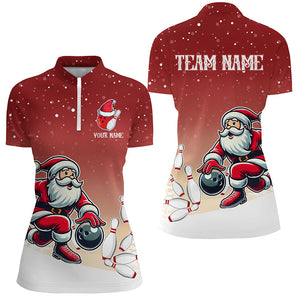 Christmas Santa Bowling Polo, Quarter Zip Shirts For Women Custom Christmas Bowling Team Jerseys | Red NQS8787