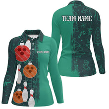 Load image into Gallery viewer, Green Christmas pattern Bowling ball pins Custom Bowling Shirts For Women Team League Jerseys Outfits NQS8790