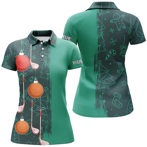 Green Christmas Golf pattern Womens golf polo shirt custom Xmas golf outfits, personalized golf gift NQS8791