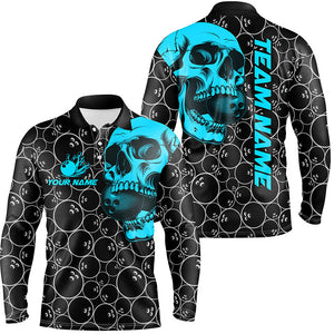 Black Bowling camo Turquoise Skull bowling shirt for Men custom bowling team jersey, gifts for bowlers NQS9013