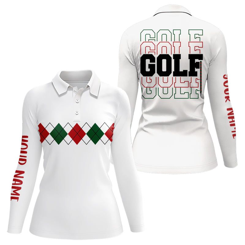 Green, red and white Christmas argyle pattern Womens golf polo Shirt Custom Xmas golf shirts for women NQS9022