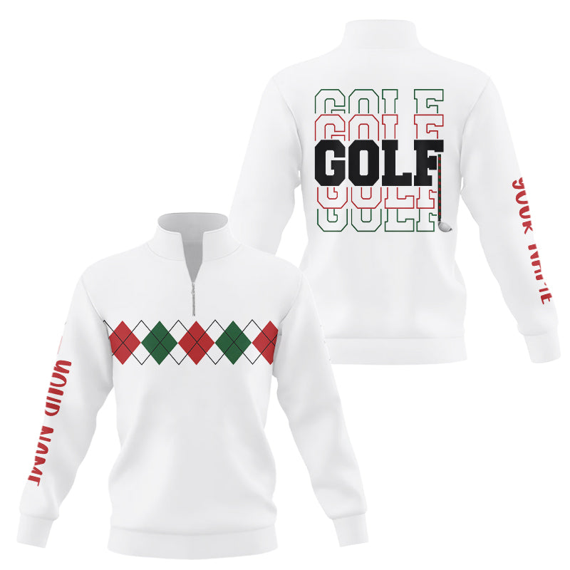 Green, red and white Christmas argyle pattern Quarter zip golf sweatshirt Custom Xmas golf sweater NQS9022