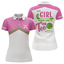 Load image into Gallery viewer, Pink and White Womens Golf Polo Shirt Custom This girl knows how to par tee ladies golf shirts NQS9025