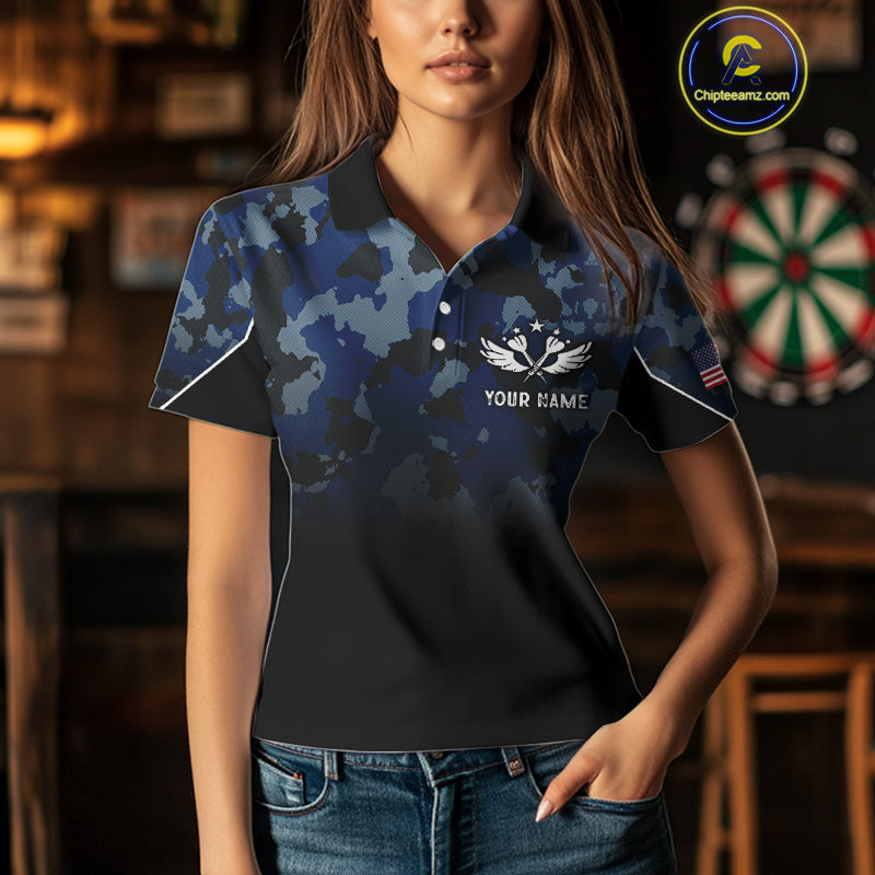 Black and Blue Camo Women Darts Shirts Custom American Flag patriotic Team Darts Jersey NQS11120