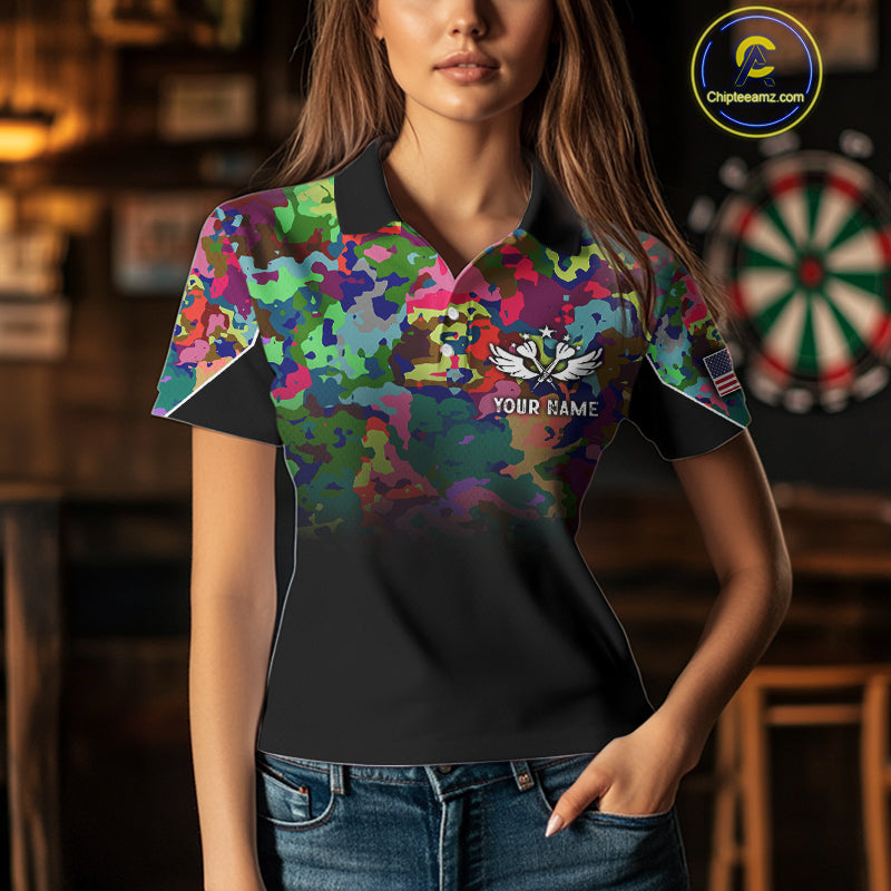 Black and Colorful Camo Women Darts Shirts Custom American Flag patriotic Team Darts Jersey NQS11122