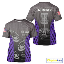Load image into Gallery viewer, Disc golf T-Shirt custom name, number camo disc golf jersey, disc golf apparel | Purple NQS11124